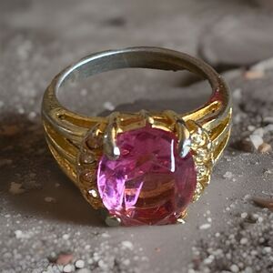 Gold Tone Pink Oval Stone Cocktail Ring Prong Setting Size 6.5